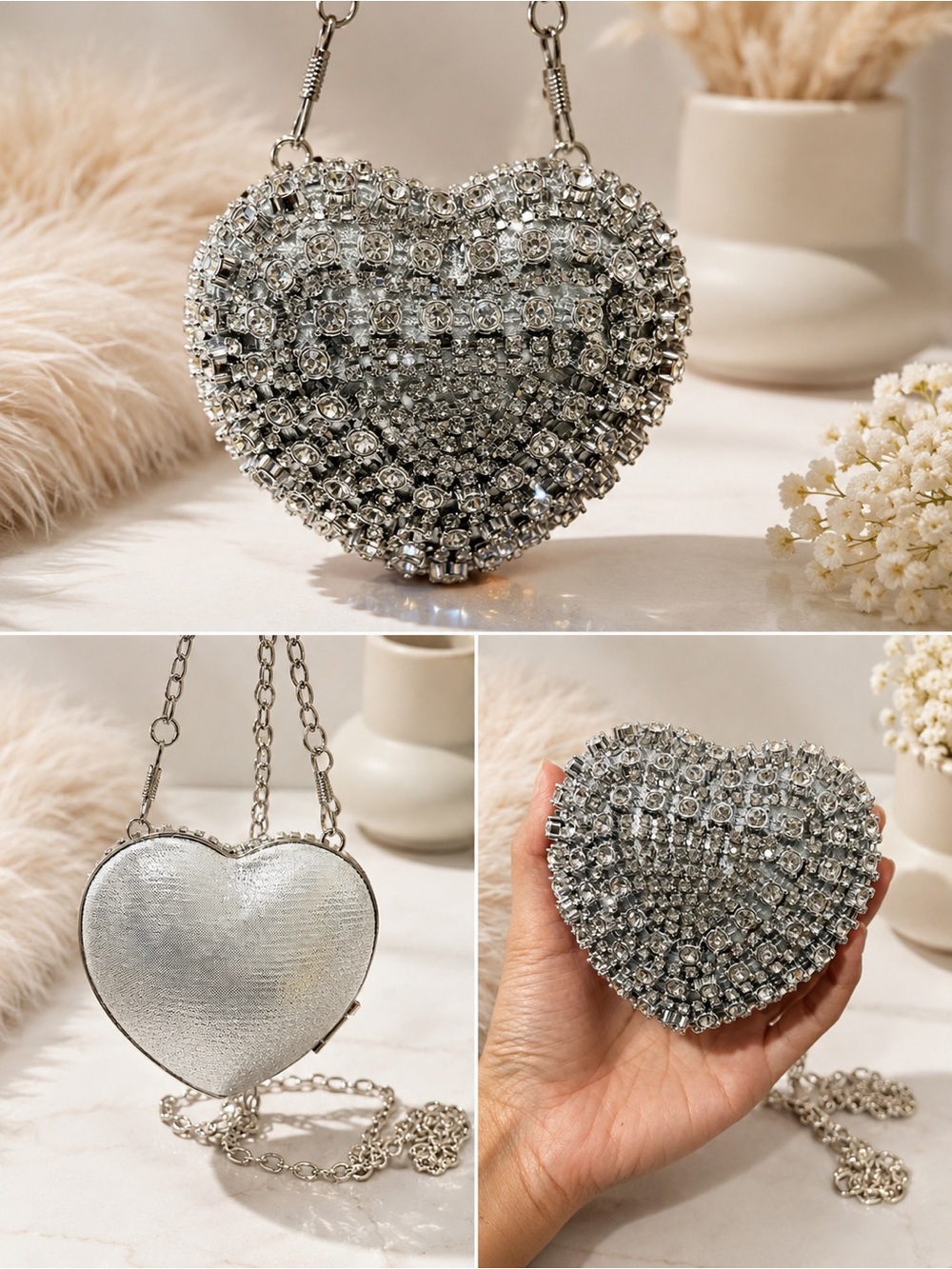 Silver Rhinestone Heart Crossbody Clutch Bag
